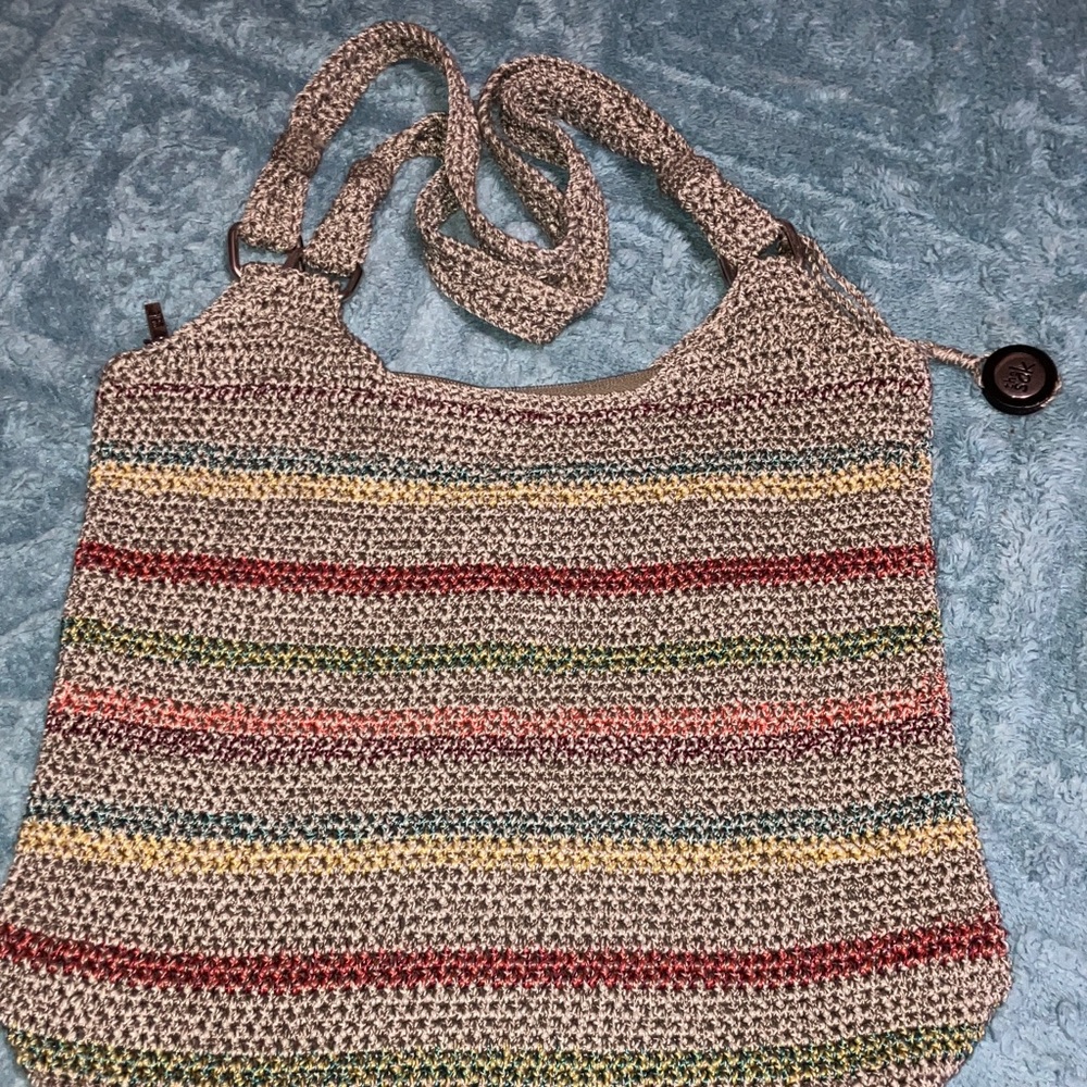 The Sak Crocheted Hobo Tote in Natural with Red, Yellow, Green and Blue Stripes